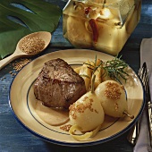 Ox fillet with pepper sauce, mustard pears & roast potatoes
