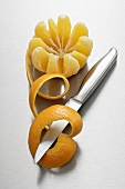 Orange peel, knife and orange (segments separated)