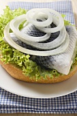 Bread roll topped with herring and onion