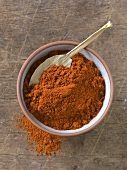 Ground paprika (hot and spicy) in bowl with spoon