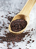 Black mustard seeds on wooden spoon