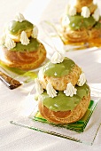 Profiteroles with green tea icing