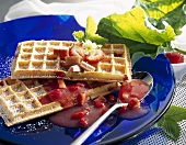 Butter waffles with rhubarb and strawberries