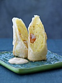 Spring rolls filled with mashed potato and prawns