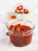 Rhubarb and strawberry compote in preserving jar