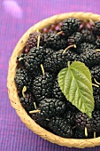 Fresh blackberries with leaf in a basket (overhead view)