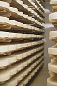 Käselaibe werden in Holzregalen gelagert
