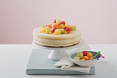 Yoghurt cheesecake with different coloured melon balls
