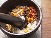 Various spices in a mortar