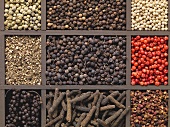 Various types of pepper in a type case