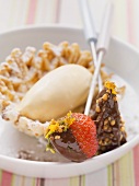 Chocolate fondue with coffee ice cream and cinnamon waffle shell