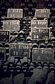 Old champagne bottles in storage in Pommery, Reims, Champagne, France