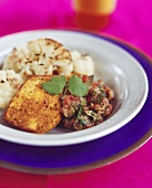 Fish steak with Indian sauce and cauliflower