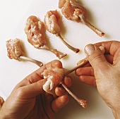 Preparing chicken wings (pulling the meat away from the bones)