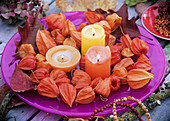 Bowl of candles and Chinese lanterns