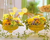 Glasschalen mit Sonnenbraut, Hortensien, Eisenkraut, Zitronen