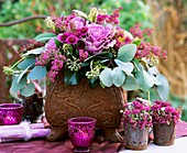 Arrangement of ornamental cabbage, chrysanthemums & Erica