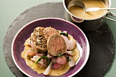 Poached beef fillet with radishes