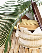 Palm leaf, bathing accessories and comb