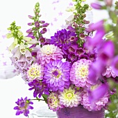 Arrangement of dahlias and other summer flowers in pink
