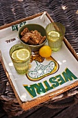 Biscuits and lemonade on tray with grain sack tray cloth