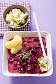 Beetroot with orange sauce, sheep's cheese and potatoes