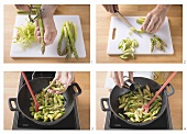 Preparing green asparagus and cooking it in a wok