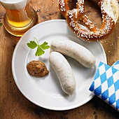 Weisswurst (Bavarian sausages), pretzel and wheat beer