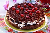 Chocolate cake with raspberries, blueberries and cream