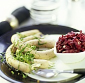 Home-made wild boar sausages with red cabbage