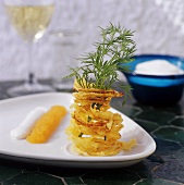 Deep-fried potato 'snake' and Löjrom (Swedish caviar)