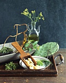 Still life with herbs, rapeseed oil and roots