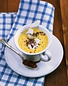 Coconut curry soup with cream and black breadcrumbs