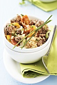 Rice stir-fry with minced beef and herbs