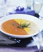 Two coloured vegetable cream soup