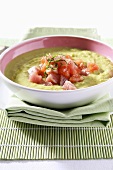 Vegetable cream soup with tuna tartare