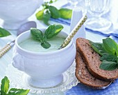 Herb soup with basil in soup tureen, spoon and bread