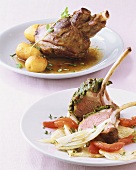 A rack of lamb and a lamb shank