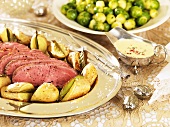 Roast beef with potatoes and Brussels sprouts (Christmas)