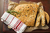 Focaccia with cheese and olives