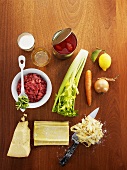 Ingredients for ribbon pasta with bolognese sauce