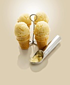Ice cream in wafer cups, ice cream scoop