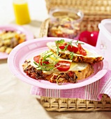 Cheese and tomatoes on onion and tomato bread for a picnic