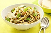 Spaghetti with pesto, basil, Parmesan and pine nuts