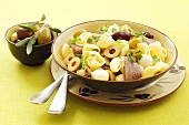 Pasta, beef and mozzarella salad with olives