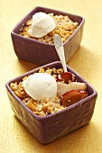 Plums and pears with cornflake and coconut crumble and mascarpone