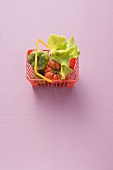 Tomatoes and lettuce leaves in toy shopping basket