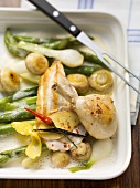 Chicken in Riesling with spring vegetables