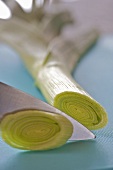Cutting a leek into rings (close-up)