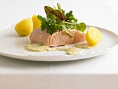 Poached salmon fillet with potatoes